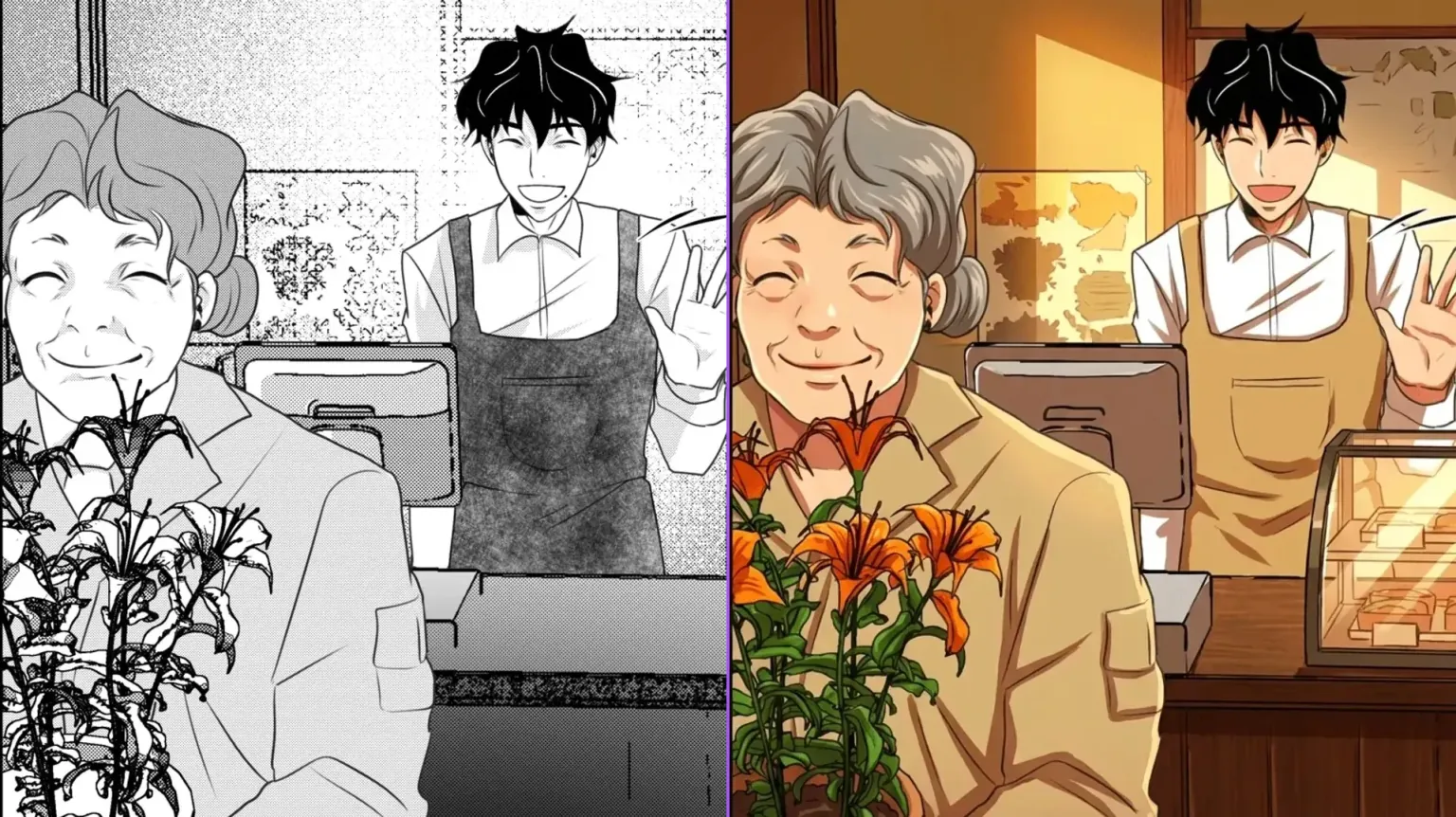 Bakery scene before and after colorization
