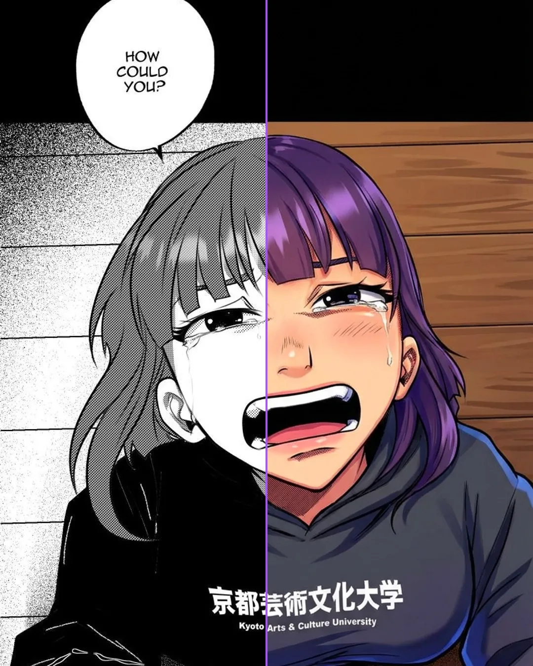 Black and white webtoon panel compared to full color version