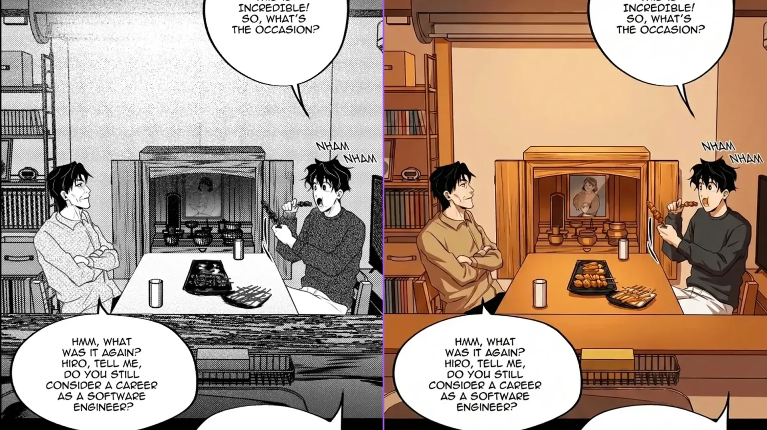 Dinner scene comparison showing consistent colors across pages