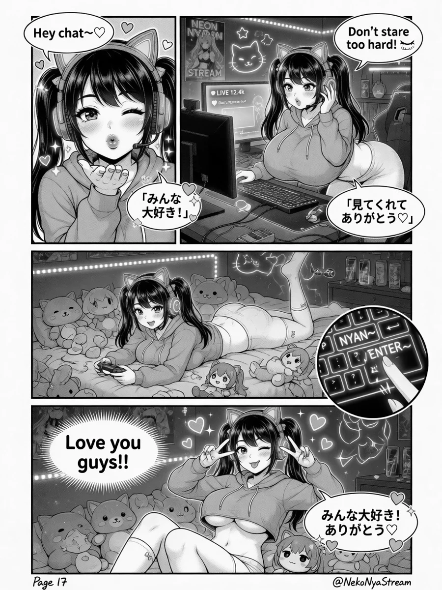 Black-and-white multi-panel neon e-girl streamer manga page