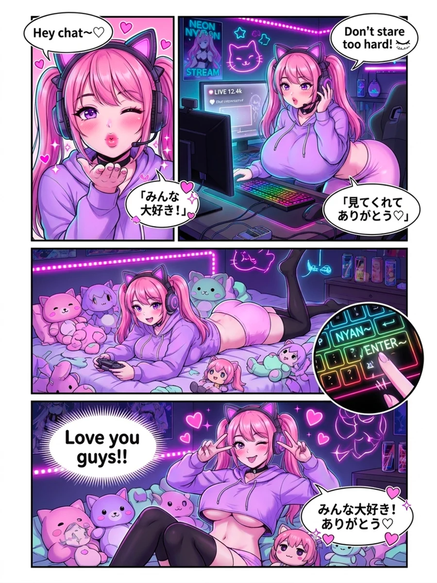 The same page colorized with hair, hoodie and thigh-highs locked across every panel under neon lighting