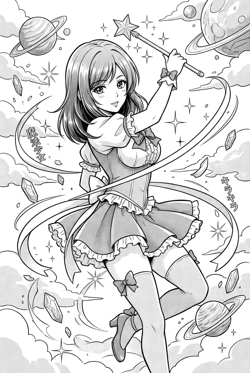 Black and white manga illustration with a detailed background