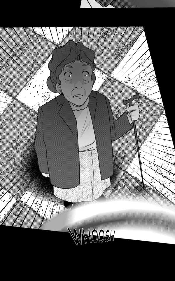 Character in black and white panel